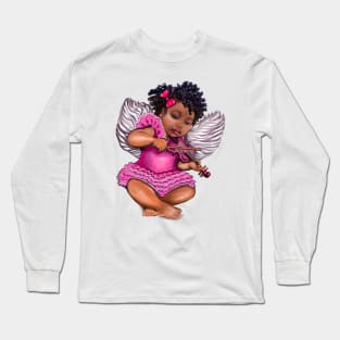 Cute black African American baby in pink playing the violin - angelic Cherub angel Long Sleeve T-Shirt